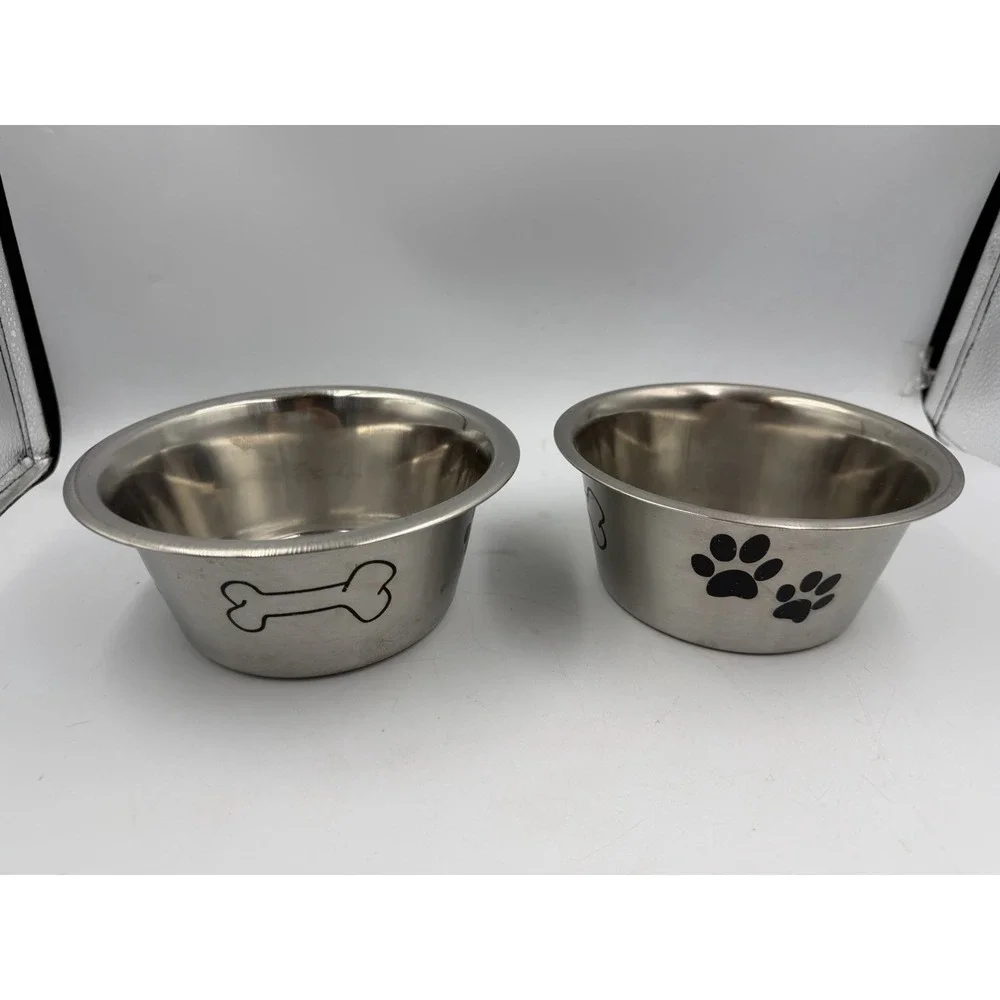 Lot Of 2 Paw & Bone Print Stainless Steel Dog Bowl Non-Skid
